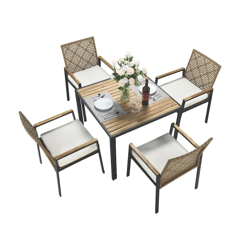 Ensemble de salle à manger d'extérieur 5 pièces résistant aux intempéries avec trou pour parasol et plateau de table en bois d'acacia