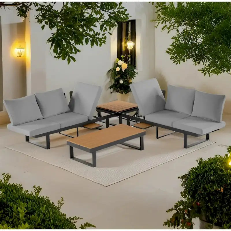 Ensemble de canapé d'angle modulable d'extérieur avec table basse, table d'appoint et sièges inclinables réglables