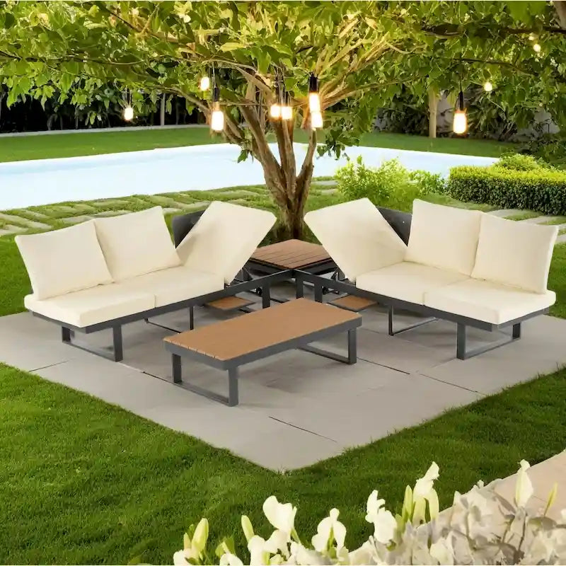 Ensemble de canapé d'angle modulable d'extérieur avec table basse, table d'appoint et sièges inclinables réglables
