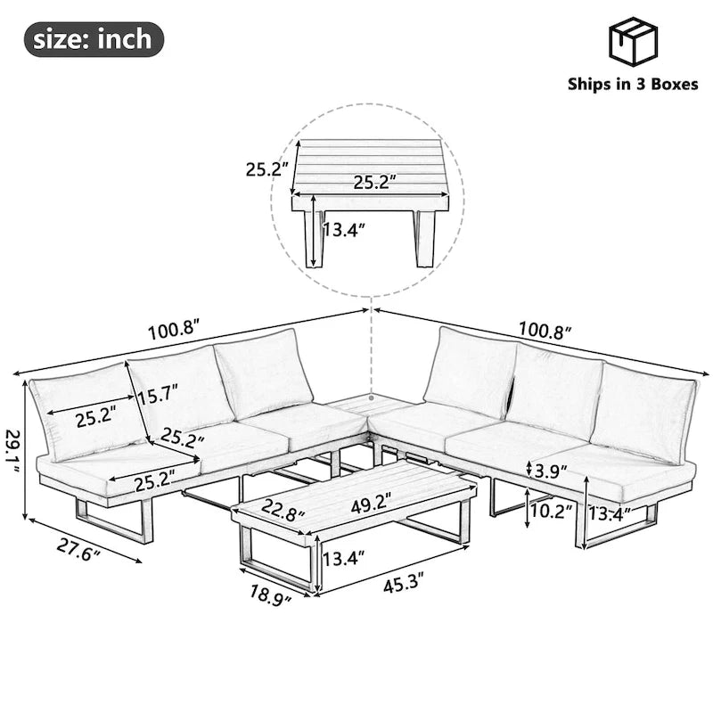 Ensemble de canapé d'angle modulable d'extérieur avec table basse, table d'appoint et sièges inclinables réglables