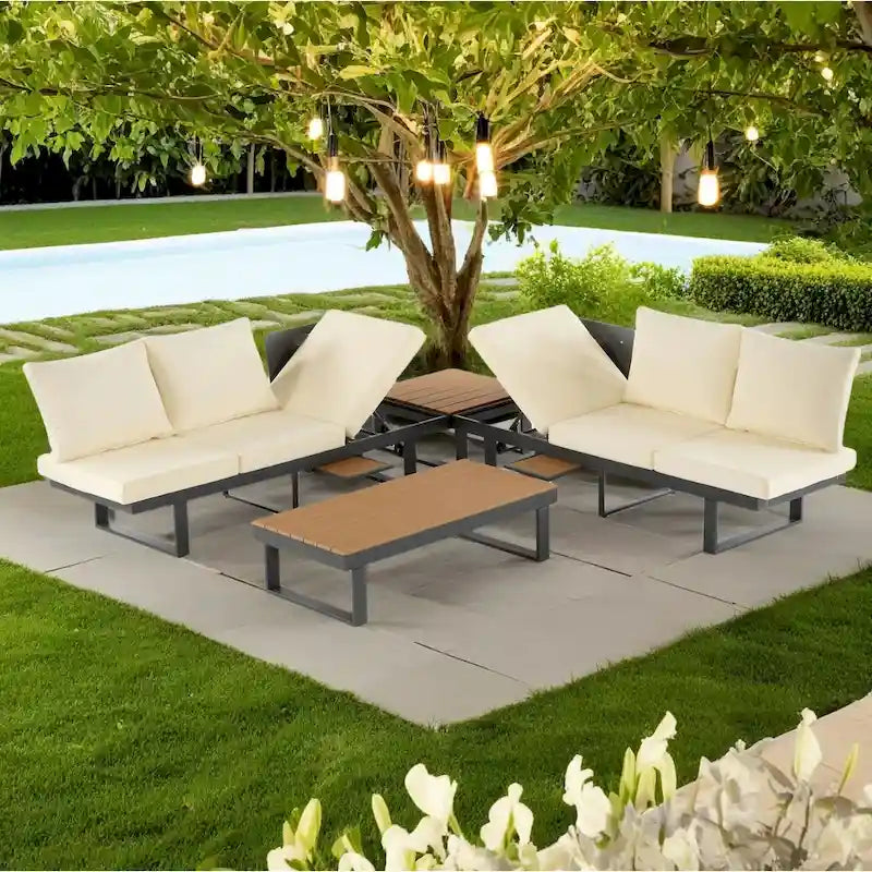 Ensemble de canapé d'angle modulable d'extérieur avec table basse, table d'appoint et sièges inclinables réglables