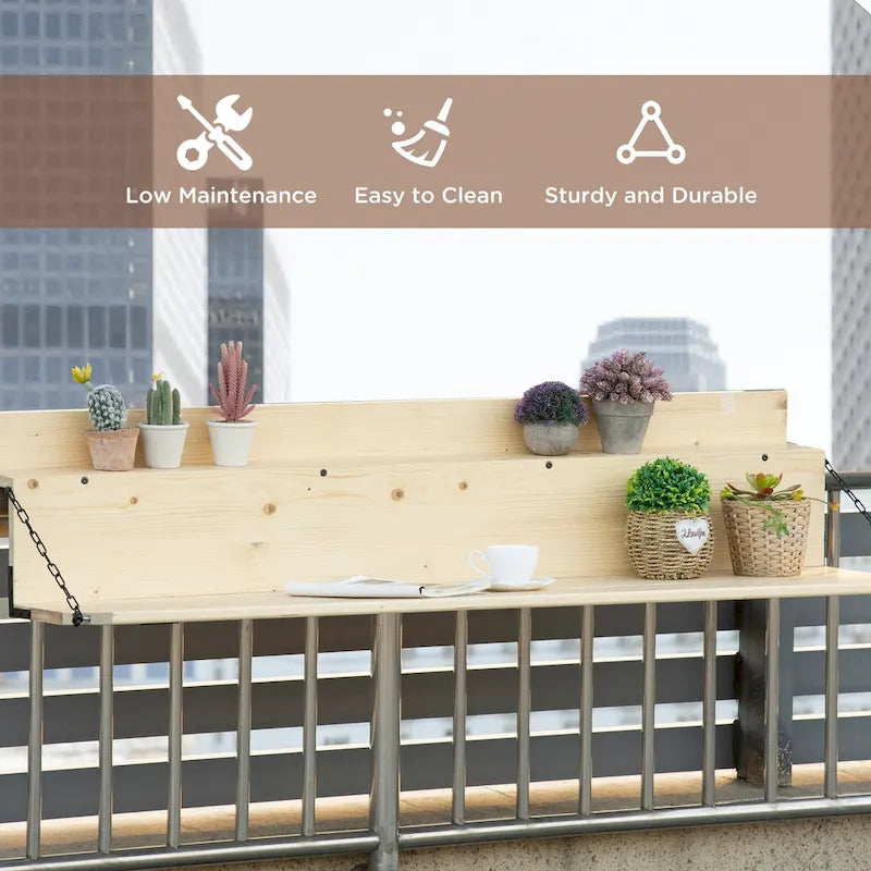 Table suspendue de balcon Outsunny, bar pliable en bois d'épicéa, table de service et bureau, convient aux personnes jusqu'à 10 cm d'épaisseur, naturel