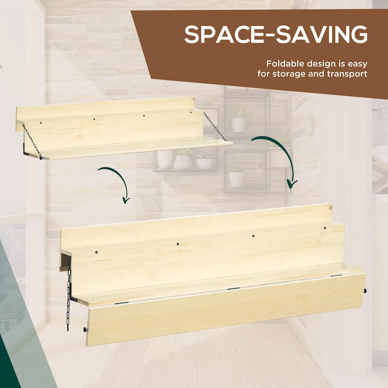 Table suspendue de balcon Outsunny, bar pliable en bois d'épicéa, table de service et bureau, convient aux personnes jusqu'à 10 cm d'épaisseur, naturel