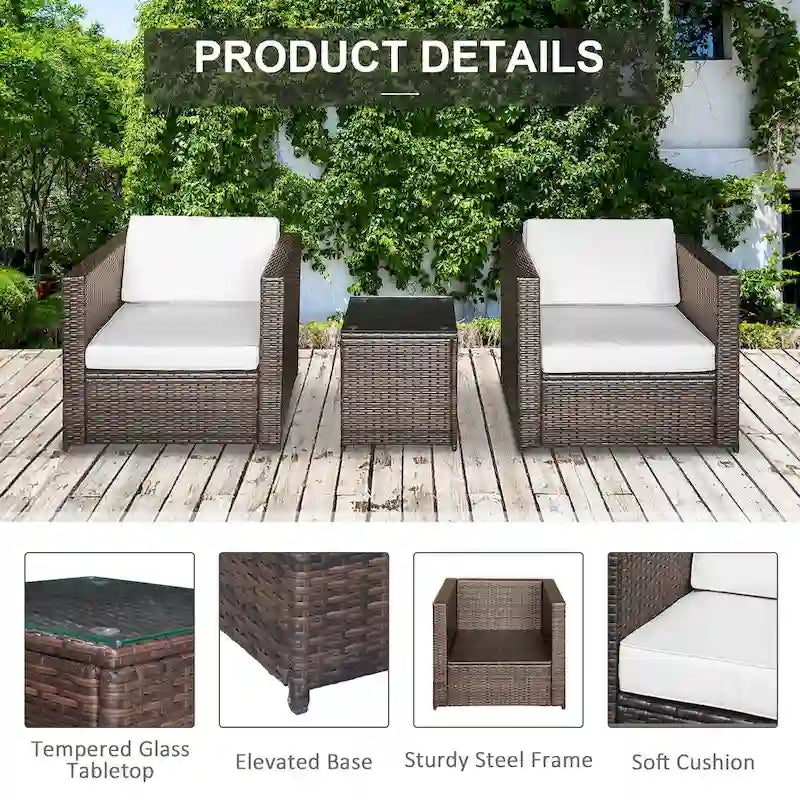 Ensemble bistro de patio Outsunny 3 pièces en résine tressée, mobilier d'extérieur en rotin PE tressé à la main pour véranda, jardin ou porche avec table basse