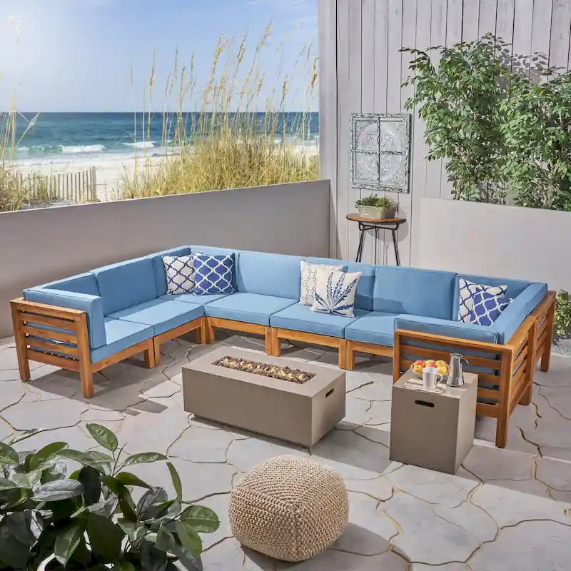 Ensemble canapé d'angle en acacia Oana Outdoor en forme de U, 8 places, avec foyer extérieur, par Christopher Knight Home
