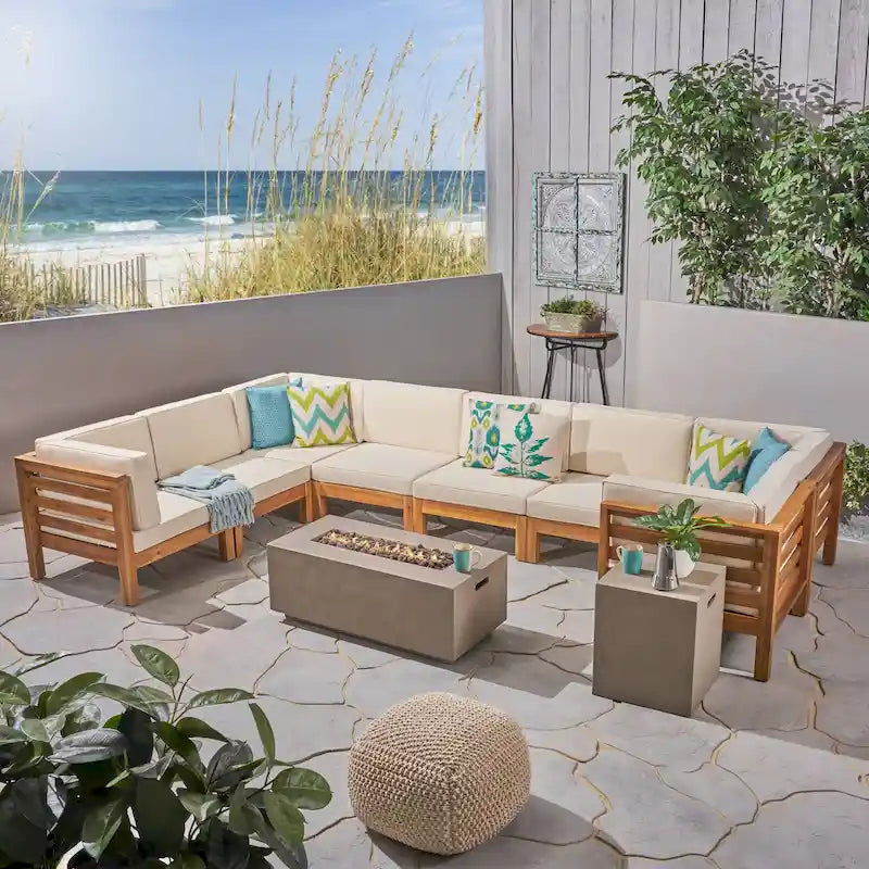 Ensemble canapé d'angle en acacia Oana Outdoor en forme de U, 8 places, avec foyer extérieur, par Christopher Knight Home