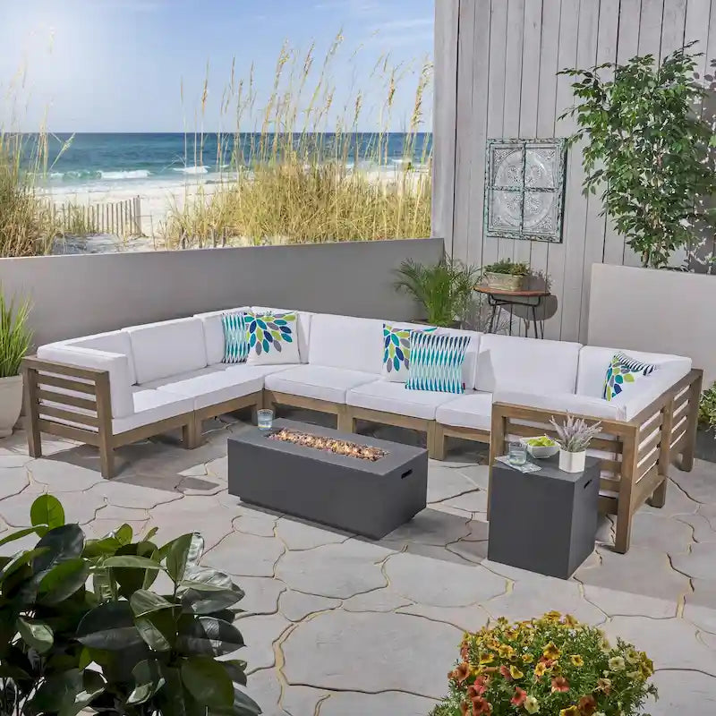 Ensemble canapé d'angle en acacia Oana Outdoor en forme de U, 8 places, avec foyer extérieur, par Christopher Knight Home