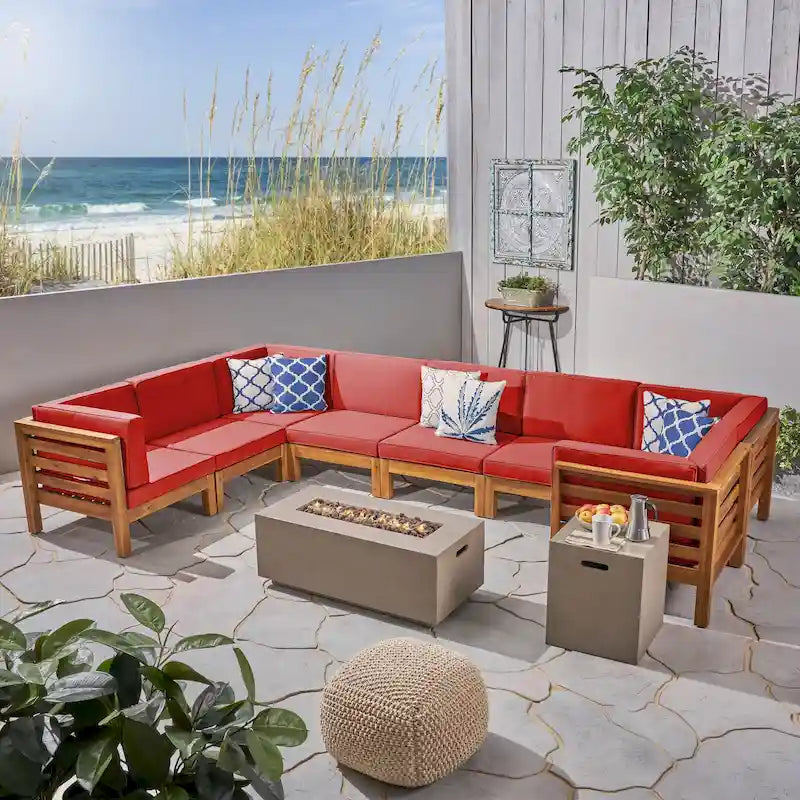 Ensemble canapé d'angle en acacia Oana Outdoor en forme de U, 8 places, avec foyer extérieur, par Christopher Knight Home