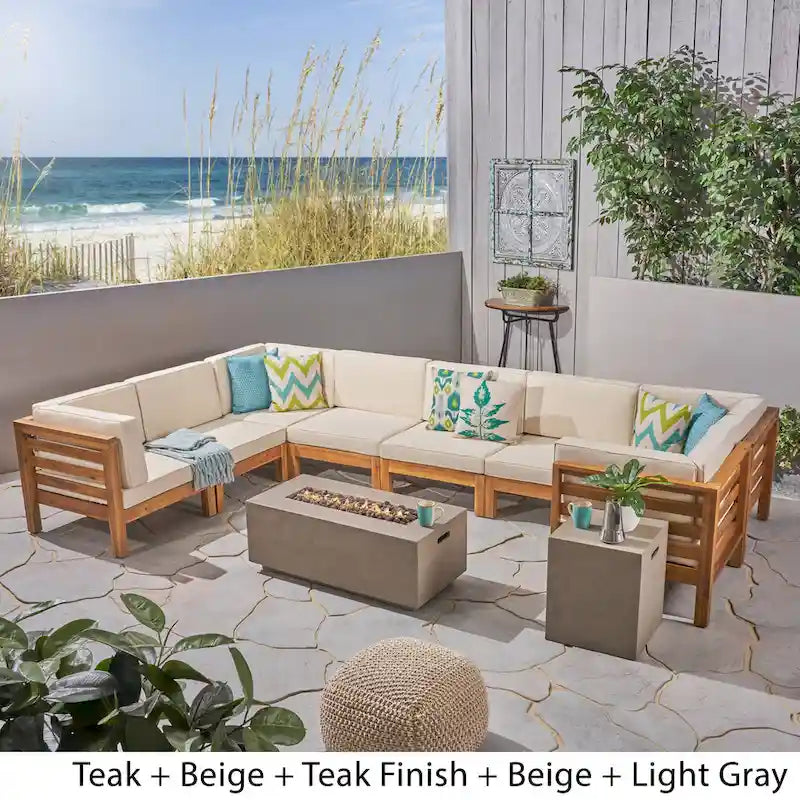 Ensemble canapé d'angle en acacia Oana Outdoor en forme de U, 8 places, avec foyer extérieur, par Christopher Knight Home