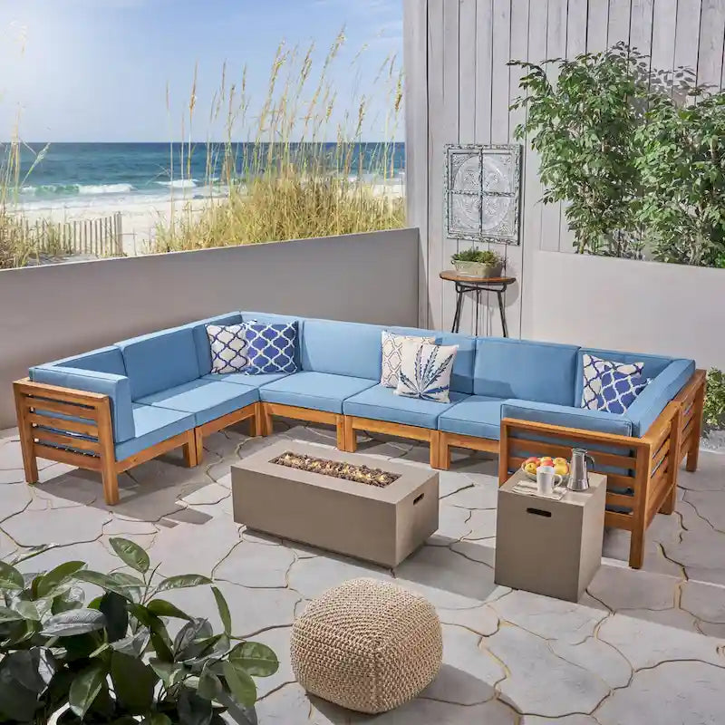 Ensemble canapé d'angle en acacia Oana Outdoor en forme de U, 8 places, avec foyer extérieur, par Christopher Knight Home