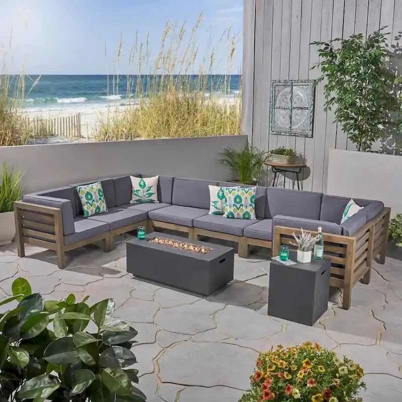 Ensemble canapé d'angle en acacia Oana Outdoor en forme de U, 8 places, avec foyer extérieur, par Christopher Knight Home