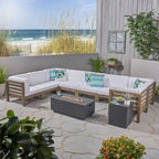 Ensemble canapé d'angle en acacia Oana Outdoor en forme de U, 8 places, avec foyer extérieur, par Christopher Knight Home