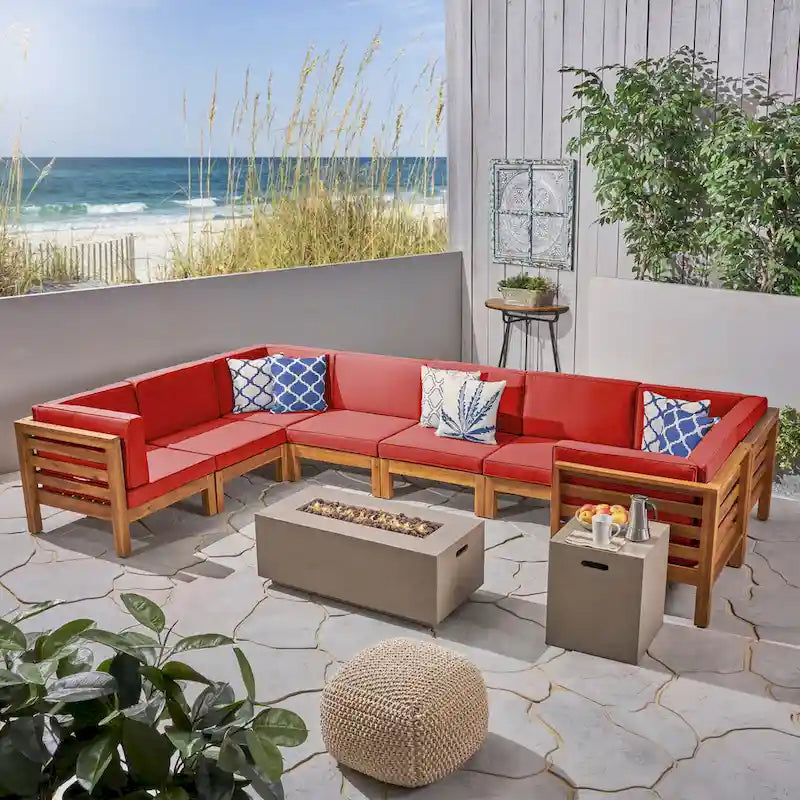 Ensemble canapé d'angle en acacia Oana Outdoor en forme de U, 8 places, avec foyer extérieur, par Christopher Knight Home
