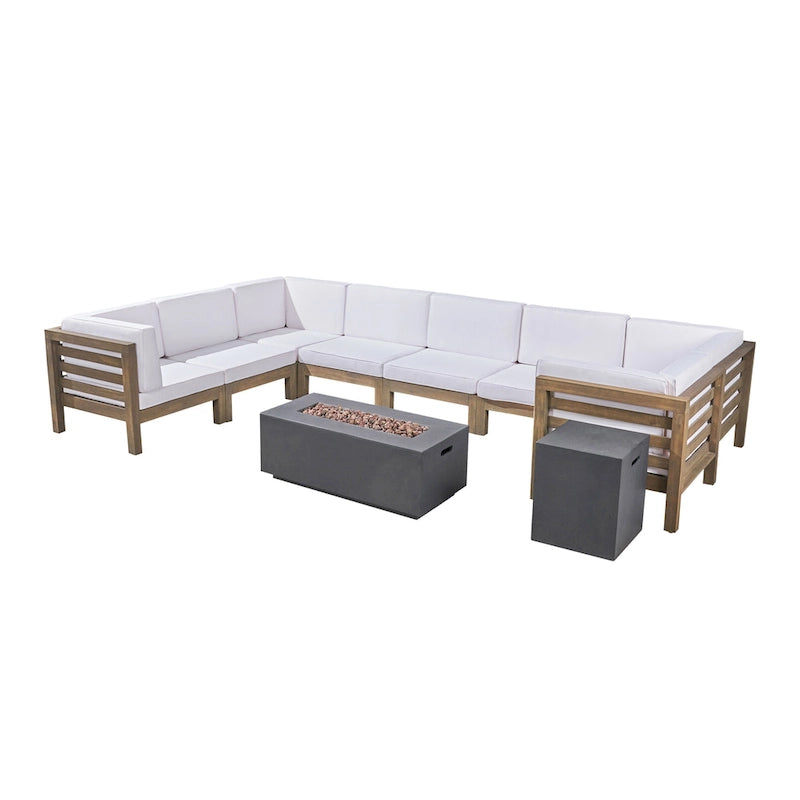 Ensemble canapé d'angle en acacia Oana Outdoor en forme de U, 8 places, avec foyer extérieur, par Christopher Knight Home