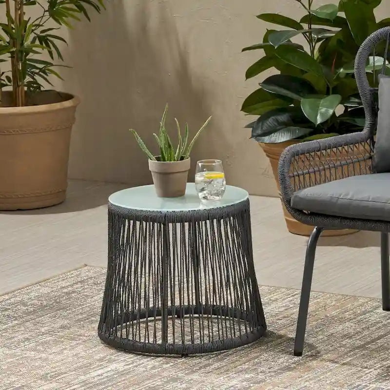 Southport Outdoor Steel and Rope Side Table with Tempered Glass Table Top by Christopher Knight Home