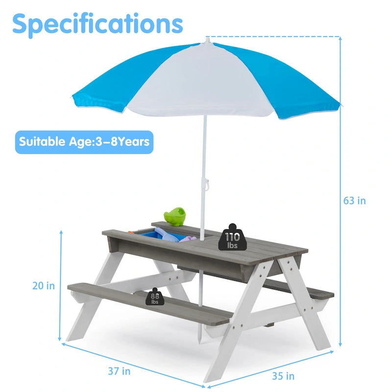Table de pique-nique extérieure 3 en 1 pour enfants, en bois, avec parasol