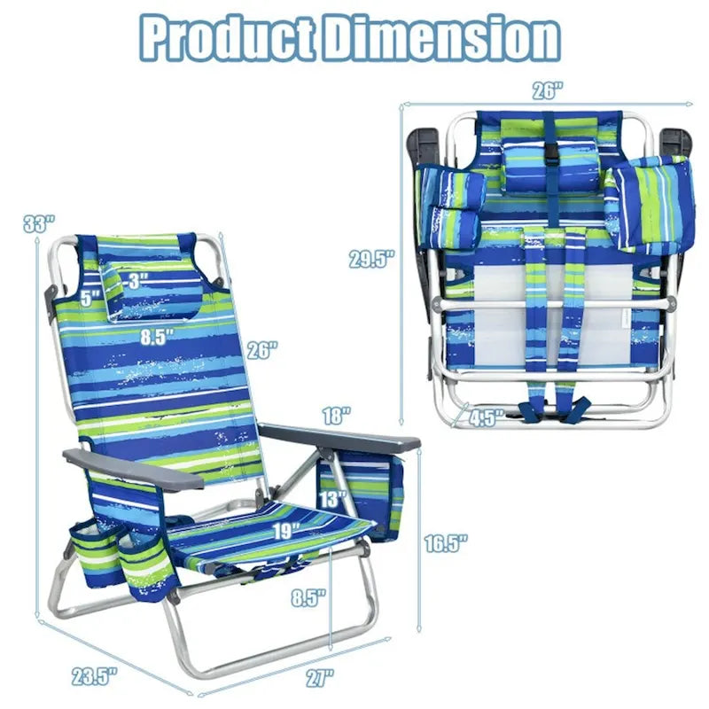 Chaise de plage pliante avec dossier réglable et oreiller