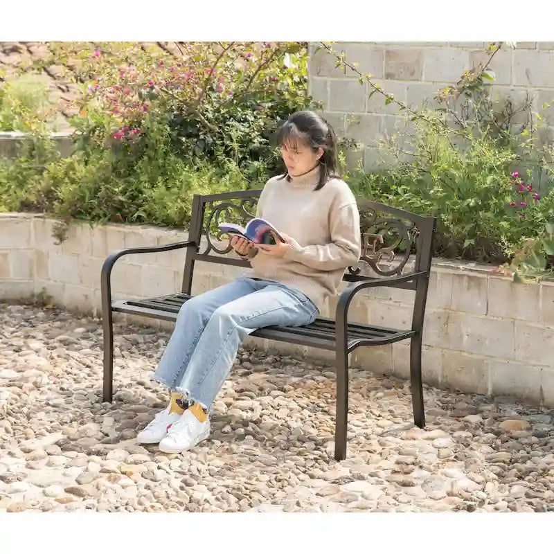 Banc d'extérieur en acier pour terrasse, jardin ou parc, avec dossier inclinable en fonte, décoration pour porche, cour ou pelouse