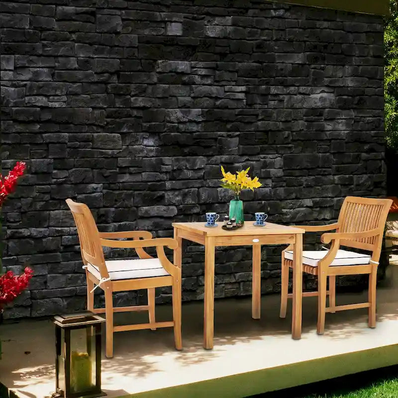 Ensemble de salle à manger bistro chic en teck 3 pièces Florence, comprenant une table carrée de 27 pouces et 2 chaises avec accoudoirs.