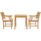 Ensemble de salle à manger bistro chic en teck 3 pièces Florence, comprenant une table carrée de 27 pouces et 2 chaises avec accoudoirs.