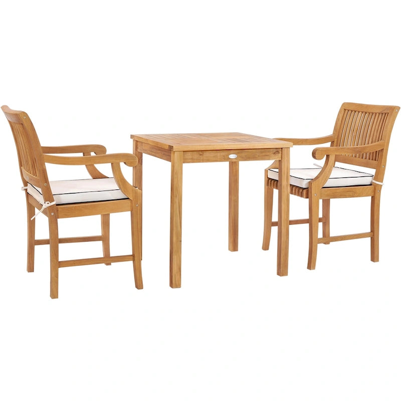 Ensemble de salle à manger bistro chic en teck 3 pièces Florence, comprenant une table carrée de 27 pouces et 2 chaises avec accoudoirs.