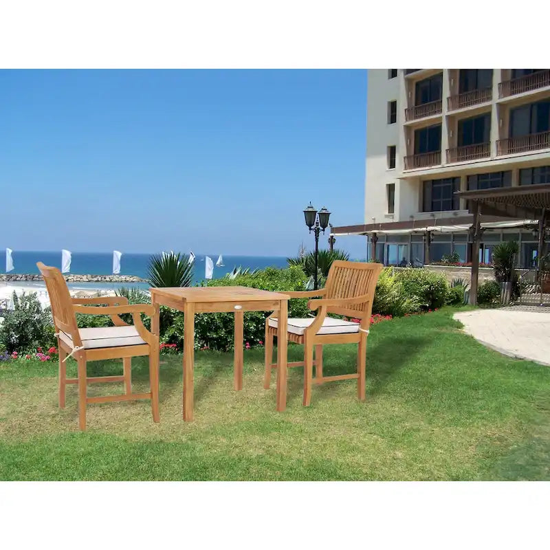 Ensemble de salle à manger bistro chic en teck 3 pièces Florence, comprenant une table carrée de 27 pouces et 2 chaises avec accoudoirs.