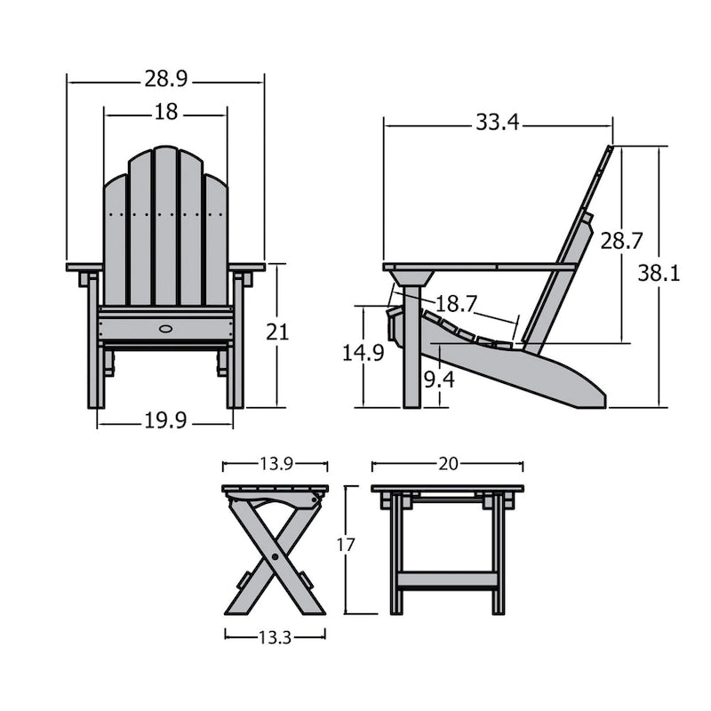 Ensemble de 3 pièces comprenant des chaises Adirondack d'extérieur et une table d'appoint pliante