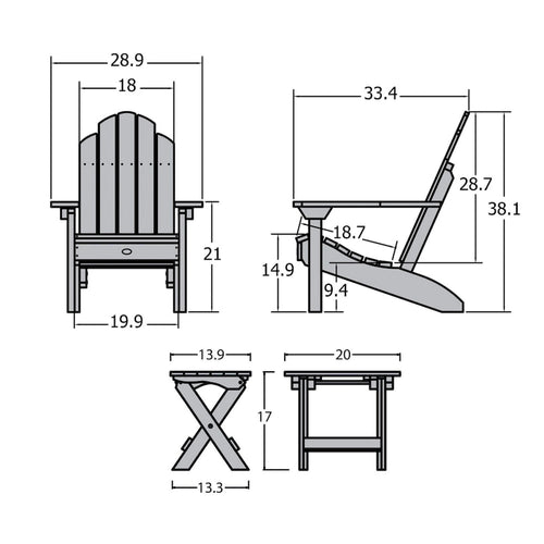Ensemble de 3 pièces comprenant des chaises Adirondack d'extérieur et une table d'appoint pliante