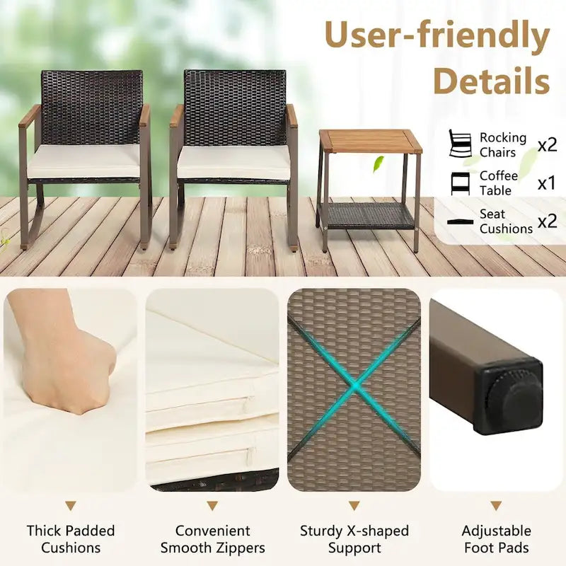 Ensemble bistro 3 pièces à bascule, mobilier de jardin en rotin comprenant chaises de conversation, table basse et coussins pour balcon, terrasse ou piscine.