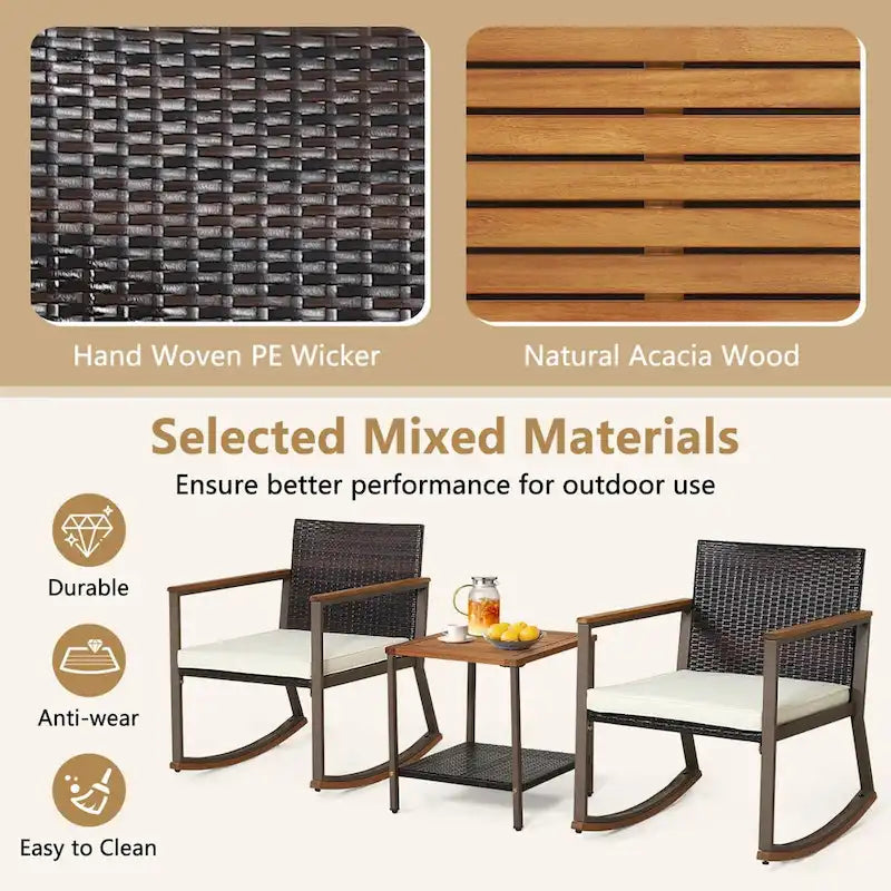Ensemble bistro 3 pièces à bascule, mobilier de jardin en rotin comprenant chaises de conversation, table basse et coussins pour balcon, terrasse ou piscine.