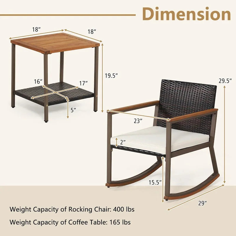 Ensemble bistro 3 pièces à bascule, mobilier de jardin en rotin comprenant chaises de conversation, table basse et coussins pour balcon, terrasse ou piscine.