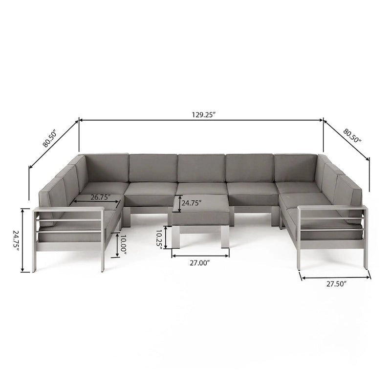 Ensemble canapé d'angle moderne d'extérieur 9 places en aluminium en forme de U avec pouf, par Christopher Knight Home, Cape Coral