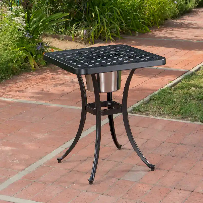 Table bistro d'extérieur Ava en fonte d'aluminium avec seau à glace, par Christopher Knight Home - 53,3 cm (P) x 53,3 cm (L) x 63,5 cm (H)