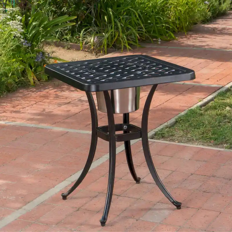Table bistro d'extérieur Ava en fonte d'aluminium avec seau à glace, par Christopher Knight Home - 53,3 cm (P) x 53,3 cm (L) x 63,5 cm (H)