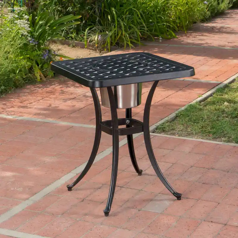 Table bistro d'extérieur Ava en fonte d'aluminium avec seau à glace, par Christopher Knight Home - 53,3 cm (P) x 53,3 cm (L) x 63,5 cm (H)