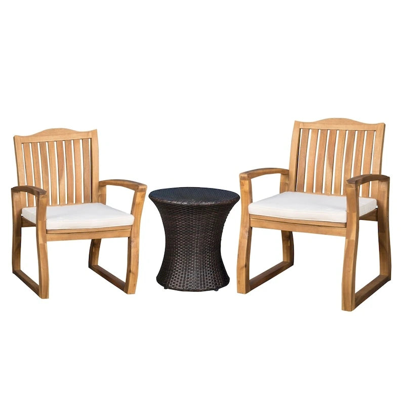Ensemble de conversation d'extérieur Avalon 3 pièces en bois d'acacia avec table en osier en forme de sablier par Christopher Knight Home