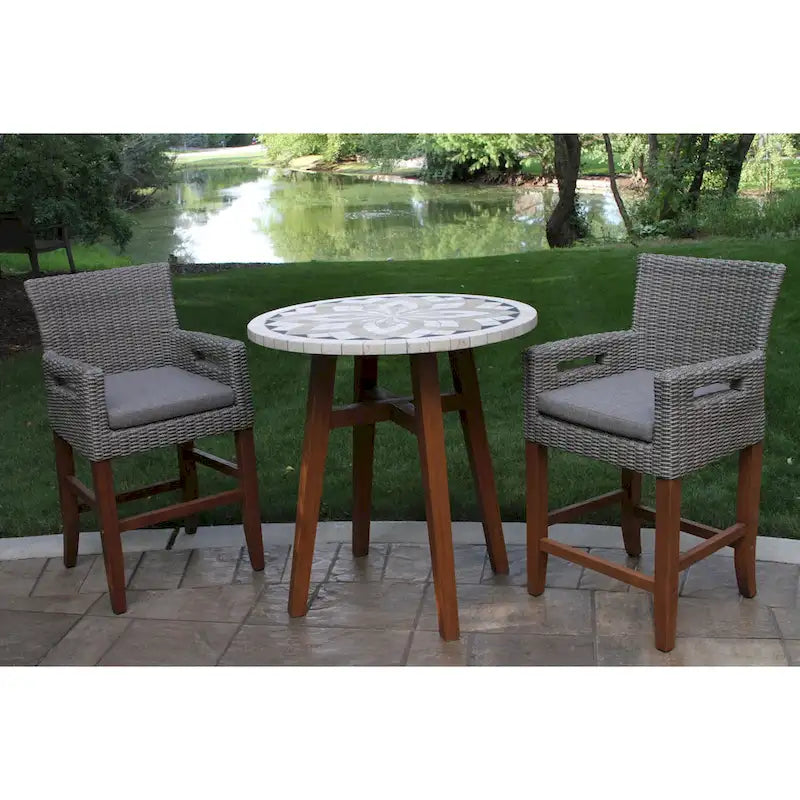 Table de comptoir Eilaf en osier et eucalyptus avec coussin en oléfine, paquet de 2.