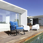 Fauteuil à bascule Outsunny en rotin tressé avec coussins rembourrés, structure en aluminium et accoudoirs, idéal pour le jardin, la terrasse et la cour, bleu.