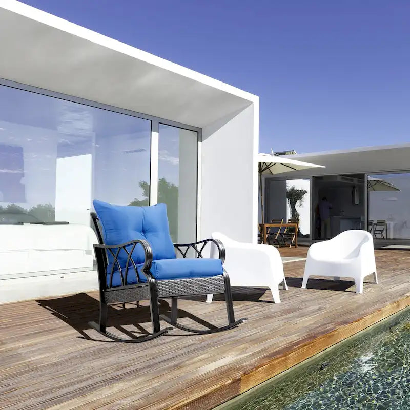 Outsunny Rattan Wicker Rocking Chair with Padded Cushions, Aluminum Frame, Armrest for Garden, Patio, and Backyard, Blue