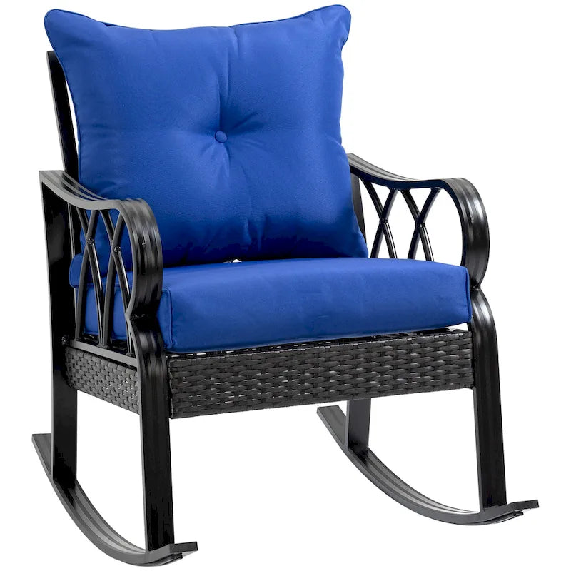 Fauteuil à bascule Outsunny en rotin tressé avec coussins rembourrés, structure en aluminium et accoudoirs, idéal pour le jardin, la terrasse et la cour, bleu.