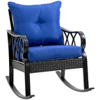 Fauteuil à bascule Outsunny en rotin tressé avec coussins rembourrés, structure en aluminium et accoudoirs, idéal pour le jardin, la terrasse et la cour, bleu.