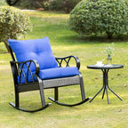 Fauteuil à bascule Outsunny en rotin tressé avec coussins rembourrés, structure en aluminium et accoudoirs, idéal pour le jardin, la terrasse et la cour, bleu.
