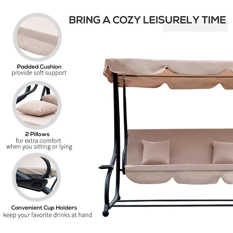 Banc suspendu d'extérieur autoportant 3 places Outsunny avec revêtement en tissu rembourré confortable et auvent inclus, beige