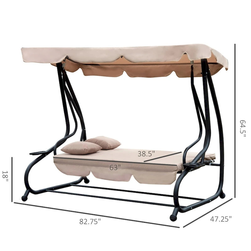 Banc suspendu d'extérieur autoportant 3 places Outsunny avec revêtement en tissu rembourré confortable et auvent inclus, beige