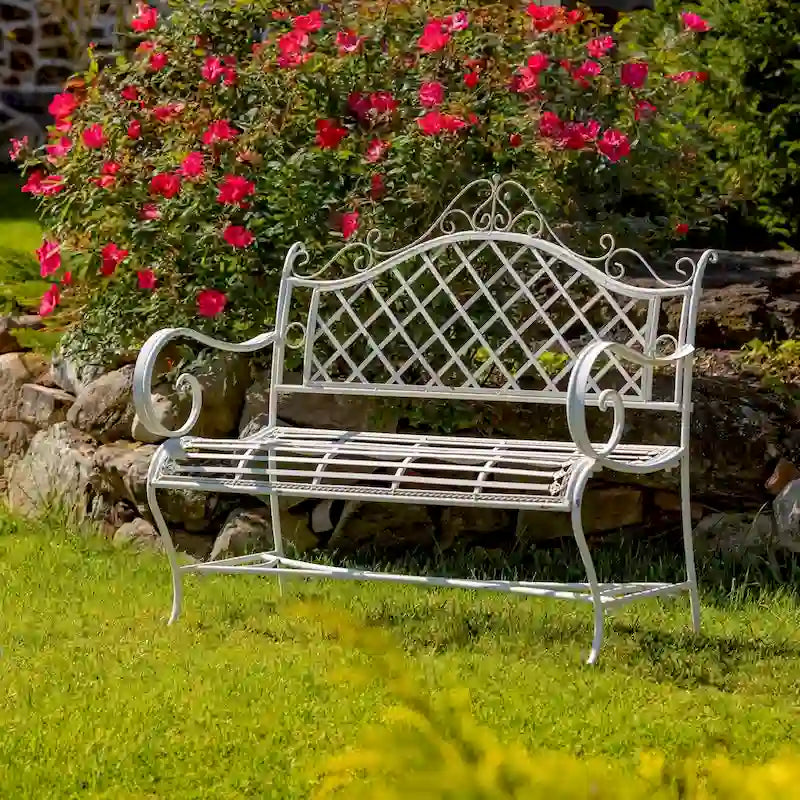 Banc de jardin en fer forgé Stephania, couleur blanc antique