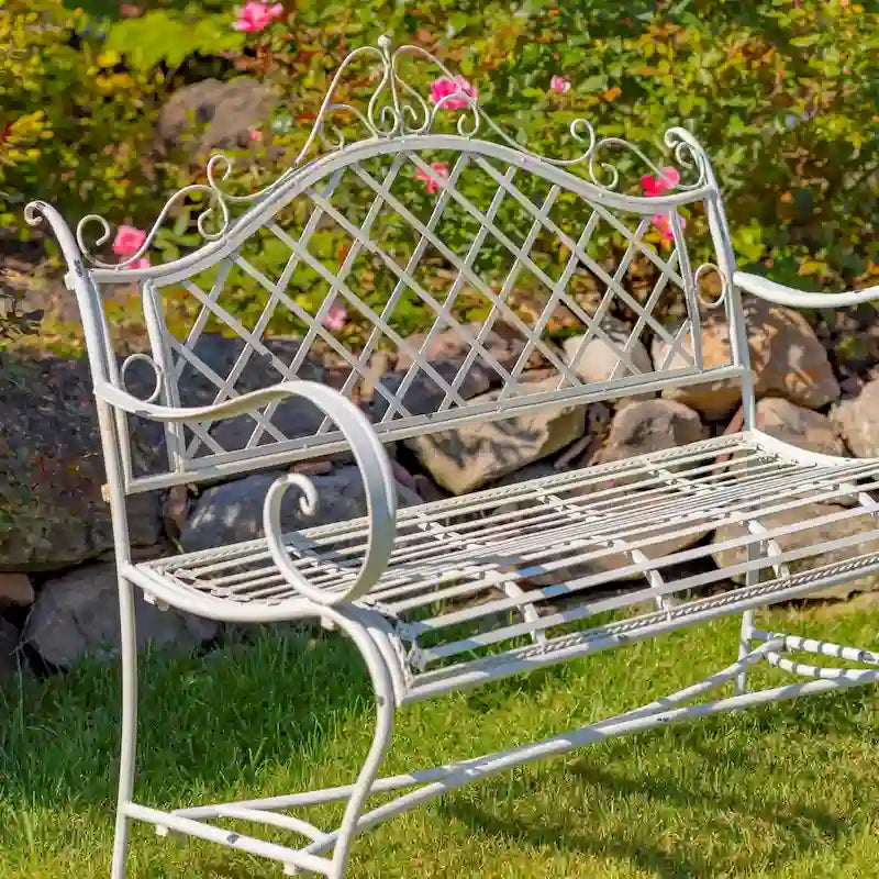 Banc de jardin en fer forgé Stephania, couleur blanc antique