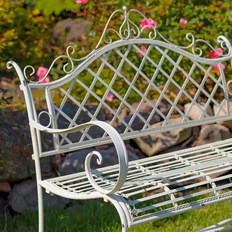 Banc de jardin en fer forgé Stephania, couleur blanc antique