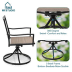 Ensemble de salle à manger d'extérieur 5 pièces, comprenant 4 chaises pivotantes à assise suspendue et une table carrée multifonctionnelle en métal de 94 cm (37 po) avec trou pour parasol de 4 cm (1,57 po), utilisable à l'intérieur comme à l'extérieur.