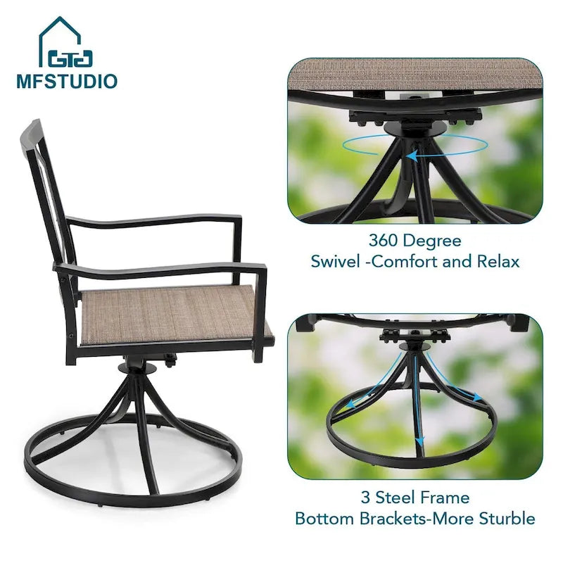 Ensemble de salle à manger d'extérieur 5 pièces, comprenant 4 chaises pivotantes à assise suspendue et une table carrée multifonctionnelle en métal de 94 cm (37 po) avec trou pour parasol de 4 cm (1,57 po), utilisable à l'intérieur comme à l'extérieur.