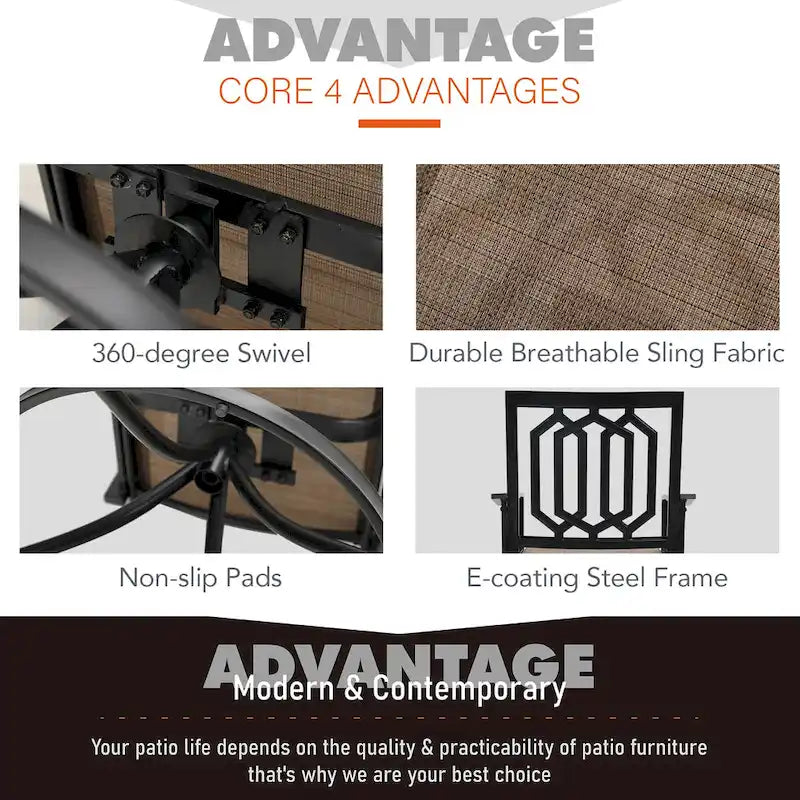 Ensemble de salle à manger d'extérieur 5 pièces, comprenant 4 chaises pivotantes à assise suspendue et une table carrée multifonctionnelle en métal de 94 cm (37 po) avec trou pour parasol de 4 cm (1,57 po), utilisable à l'intérieur comme à l'extérieur.
